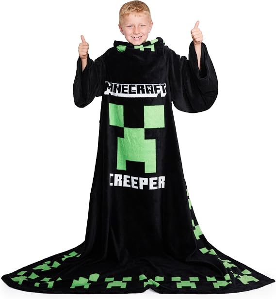 Minecraft Wearable Blanket for Kids and Teenagers - One Size Kids Blanket with Sleeves Cosy Lounge Wear Gifts for Boys