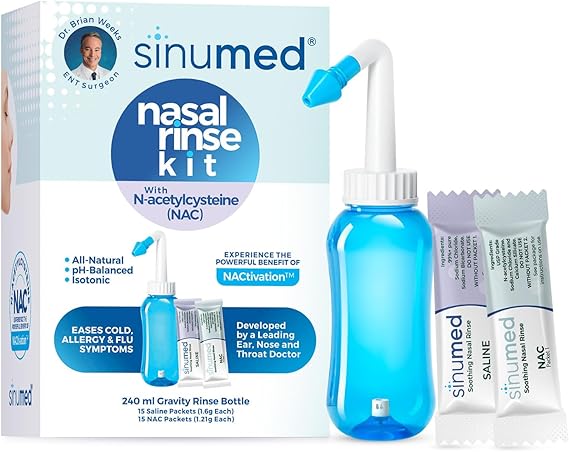 Nasal Rinse & Sinus Rinse Kit, 30PK NAC and Saline Packets with Gravity Sinus Rinse Bottle, Alternative to Neti Pot, Gentle Saline Rinse for Sinus Relief, Clear Breathing for Adults