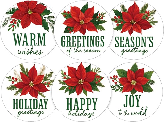 jijAcraft 120Pcs Happy Holiday Stickers - Christmas Gift Stickers, 2Inch Red Flower Holiday Envelope Seal for Gift Wrapping, Cookie Bags, Party Favors, Xmas Party Supplies