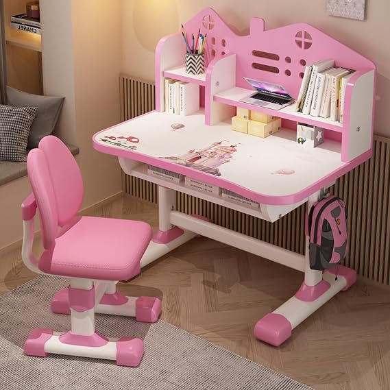Kids Adjustable Height Study Desk Chair Set, Cartoon Pattern Widened Desktop Study Table with Multi Bookstand, Spacious Drawer Storage, Ergonomic Children Desk Chair for Home School Learning Room Use