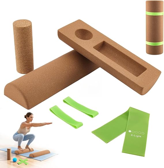 Cork Balance Board 4-in-1 Set | Wobble Board with Balance Blocks, Roller & Massage Ball | For Foot Strength, Ankle Stability & Mobility Training | Includes Resistance Bands for Home/Office Physio