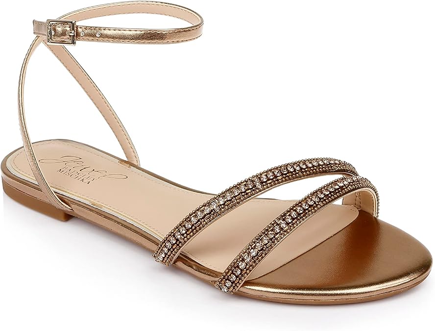 Jewel Badgley Mischka Roslyn Metallic Flat Sandal with Crystals