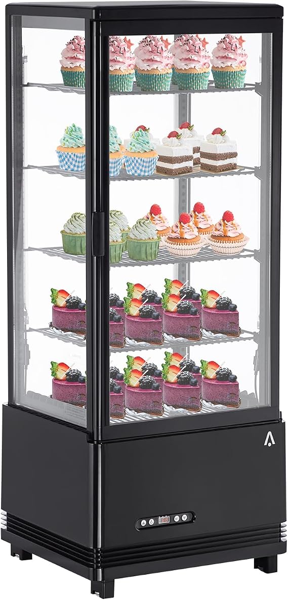 Commercial Display Refrigerator, 3.5 cu. ft./98 Liter Countertop Refrigerated Cake Display Cabinet, Refrigerator with Adjustable Shelves and Digital Controls, LED Display, For Cafes, Bakeries, Black