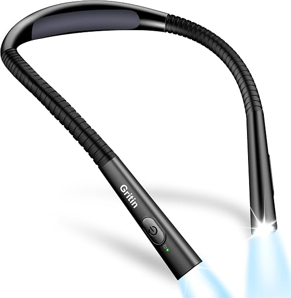 Gritin Book Light, Eye Caring 4-Color&5-Brightness Neck Light Reading Light | Stepless Dimming, 30-min Timer, 80+ Hrs Runtime, Bendable Round Neck Design, Lightweight for Reading,Knitting,Repairing-Black