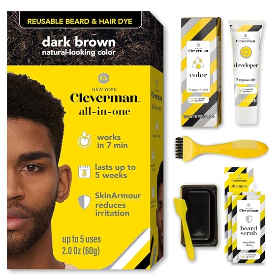 Reusable Hair & Beard Dye for Black Men Dark Brown 3.1 | Up to 5 Uses, 7 Minutes | Natural Gray Coverage, No-Drip Cream with SkinArmour Cleverman Visit the CLEVERMAN Store