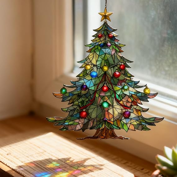 Christmas Tree Sun Catcher Acrylic Christmas Ornament, 4in Hanging Xmas Tree Suncatchers for Window Holiday Custom Gifts for Women Presents for Friendship (Christmas Tree)