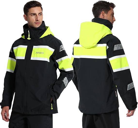 Mens Offshore Sailing Jacket 3-Layer Waterproof Foul Weather Gear for Coastal & Ocean Sailing (Black, XXL)