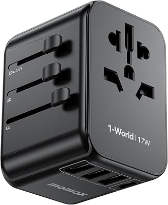 MOMAX 5-in-1 European Travel Plug Adapter, Worldwide All in One Travel Adapter, International Power Adapter Wall Charger with 3 USB A and 1USB C Charging Ports for Travel Essentials Type CGAI