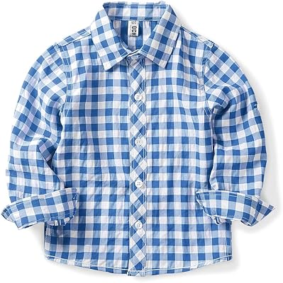 OCHENTA Boys Plaid Button Down Shirt Long Sleeve Gingham School Uniform Tops for LittleBig Kids