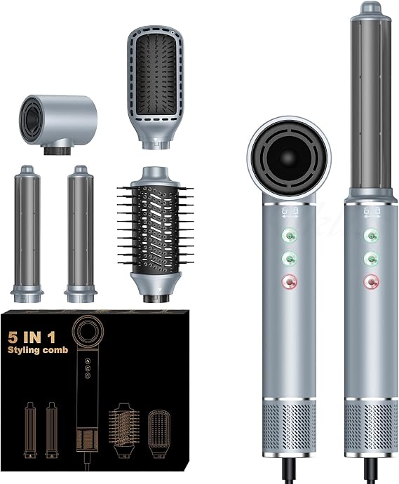 Hair Dryer Brush, 5 in 1 Blow Dryer Brush Set, High Speed Hot Air Styler, Auto Wrap Curlers for Frizz-Free Volume, Smooth Hair Damage Hair Styling Tools Gift for Drying Curling Straightening Silver