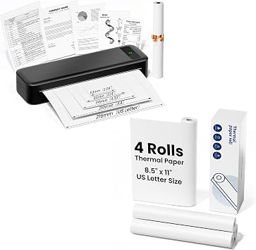 TATTMUSE Bluetooth Portable Thermal Printer Black & 5 Rolls 8.5" x 11" US Letter Thermal Paper