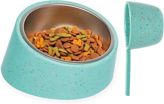 Bzyoo 2 Cup Tilted Dog Bowl with Measuring Scoop for Small Dogs & Cats, Stylish Sprinkle Design, Elevated, Stainless Steel 16oz Inner Bowl, Non-Skid, Help Cotain Spills Color:Green