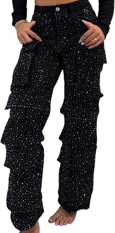 DINGANG Women Rhinestone Jeans Cargo High Waisted Baggy Denim Pants