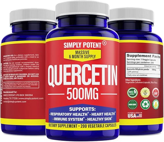Simply Potent Quercetin Supplements, Quercetin 500mg 200 Capsules, 2 X Quercetin 250mg Phytosome Bioflavonoid Antioxidant Vegan Gluten Free Pills to Support Healthy Cellular Heart & Immune Functions