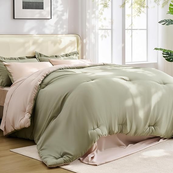 BDEUS 5 Pieces Comforter Set Twin/Twin XL Size, Reversible Oatmeal & Sage Green Bedding Set, Soft Brushed Microfiber Comforter with Flat Sheet, Fitted Sheet, Pillowcases & Shams, 68"X88"