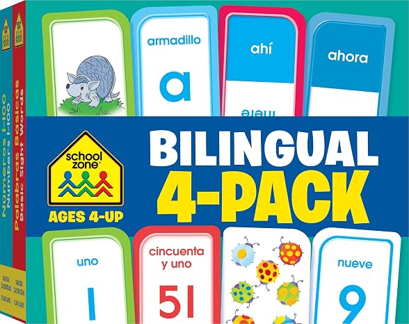 School Zone Preschool Spanish Bilingual 4-Pack Flash Cards: 224 Cards, Tarjetas de Indice Bilingues Espanol/Ingles, Alphabet, Sight Words,: Numbers 1-100, Colors & Shapes, Language Immersion, Ages 4+ (Spanish/English Edition)