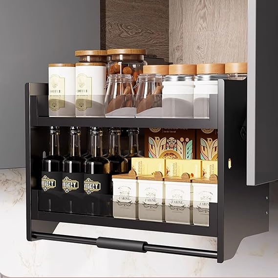 EMYJAY Pull-Out Cabinet Organizer, 2-Tier Pull Down Kitchen Cabinet Organizer Inner Space Saving High Cabinet Pull Down Shelf (Color : Noir, Size : 86x54x28cm)
