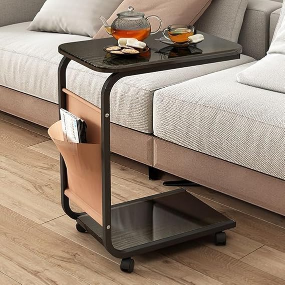 C End Table with Side Pocket, Mobile C Shaped Laptop Side Table with Wheels,2-Tier Sofa Table for Bedroom, Living Room, Bedside,Slide Under Sofa Table,Black,Black Frame