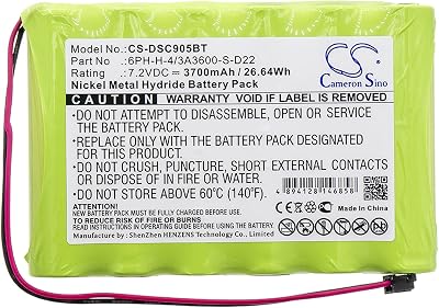 Cameron Sino 7.2V 3700mAh Battery Compatible with DSC IMPASSA 9057 2-Way Wireless Security System Alarm Panel, Rechargeable Ni-MH Battery for 6PH-H-43A3600-S-D22, ADT Impassa Wireless Alarm Systems