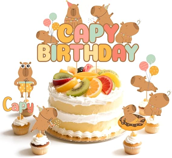 Capibara Cake Toppers and 12 Pieces Cupcake Toppers Decoration Set Summer Chill Style Capibara Birthday Decoration Party Accessories for 1 2 3 4 5 6 7 8 9 10 Years Old