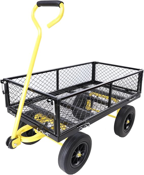 Steel Garden Cart, Outdoor Metal Yard Utility Wagon Carts with Tires and Mesh Removable Sides(Convert to Flatbed), Garden Wagon for Lawn Camping Farm Yard (Black +Yellow)