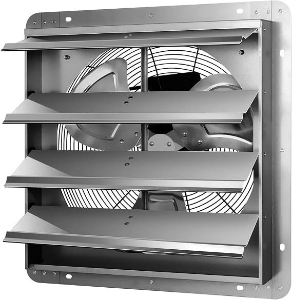 iPower 16 Inch Wall Mounted Shutter Exhaust Fan, Aluminum, 1550 RPM, 1200 CFM, for Attic, Garage, Louvered Vent, Plant, Greenhouse, Silver