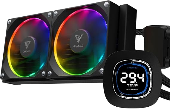 GAMDIAS 240mm CPU Liquid Cooler AIO w/ 2.1" Display & Customized Software, CPU Water Cooler w/Thick Radiator and ARGB PWM 2X 120mm Computer PC Case Fans, Compatible w/Intel 1700/1200 & AMD AM5/AM4