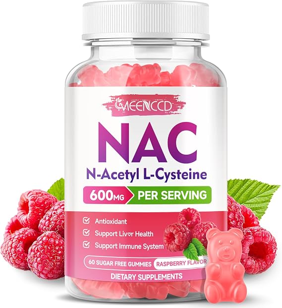 MEENCCD NAC Gummies, N Acetyl Cysteine 600mg, NAC Supplement for Antioxidants & Immune Support, Sugar-Free, Natural Raspberry Flavor, 60 Count