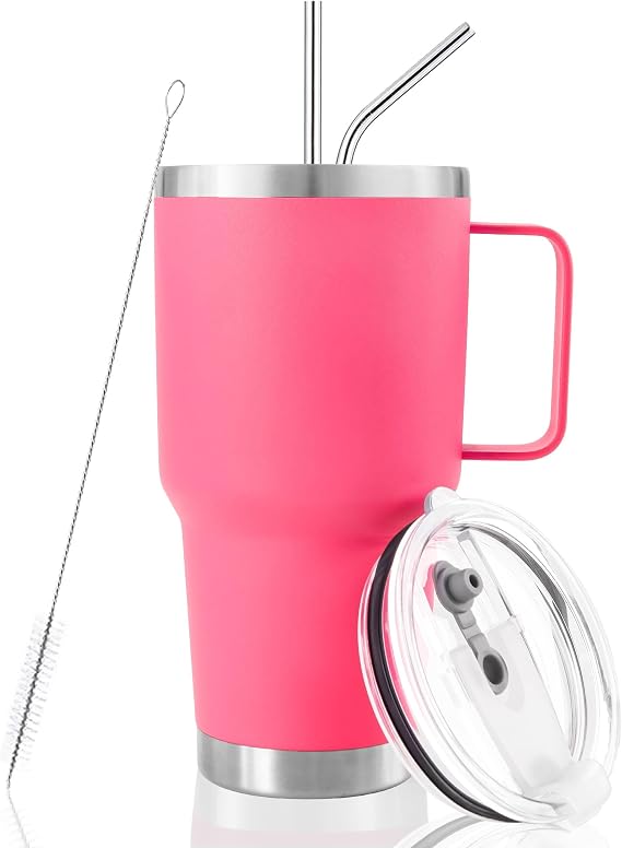 30 oz Tumbler with Handle Insulated Travel Coffee Mug Pink | Double Wall Vacuum Suit Cold and Hot Drink Fits in standard car cup holders With Splash-Proof Lid