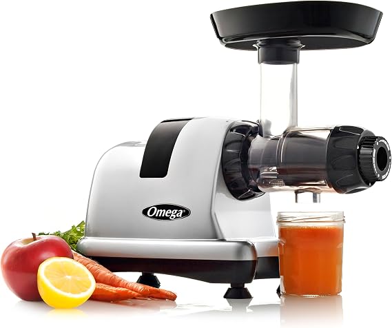 Omega Cold Press Juicer Machine, All-in-One Nutrition System for Vegetable and Fruit Juice, Nut Butter, Baby Food, Pasta and Sorbets, Triple-Stage 80-RPM Slow Masticating Juicer, 200-Watts, Silver