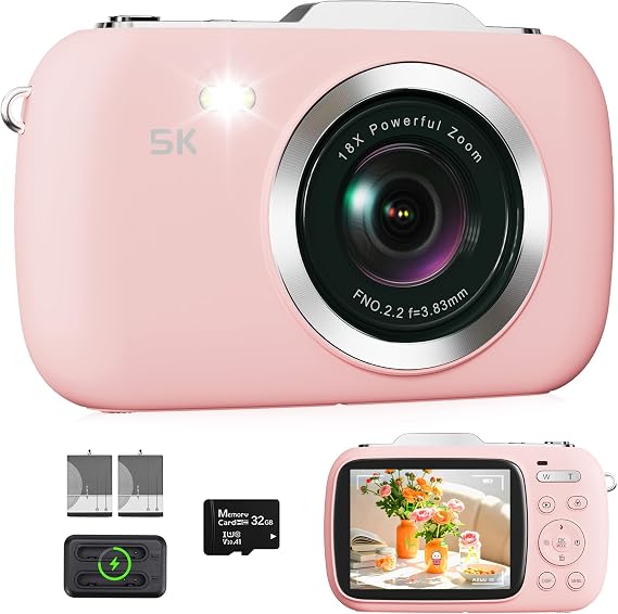 Digital Camera Vlogging Camera 5K 80MP 2.8" Screen 18X Digital Zoom, Pink