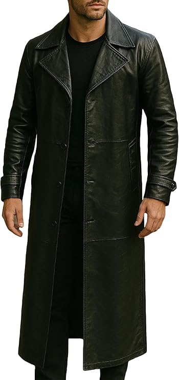 Men's Black Long Leather Trench Coat - Black Leather Lapel Collar Duster Coat Men Real Leather & Faux Leather