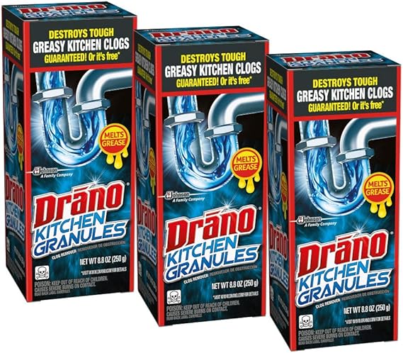 Drano Kitchen Granules Drain Clog Remover and Cleaner, Unclogs Blockage from Grease or Cooking Oil, 8.8 oz (Pack of 3)