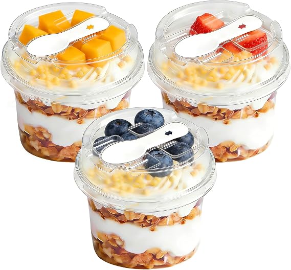 50 Pack Clear Plastic Dessert Cups with Lids and Spoons, 8.5 oz, for Yogurt Parfait, Pudding, Fruit and Ice Cream (50)