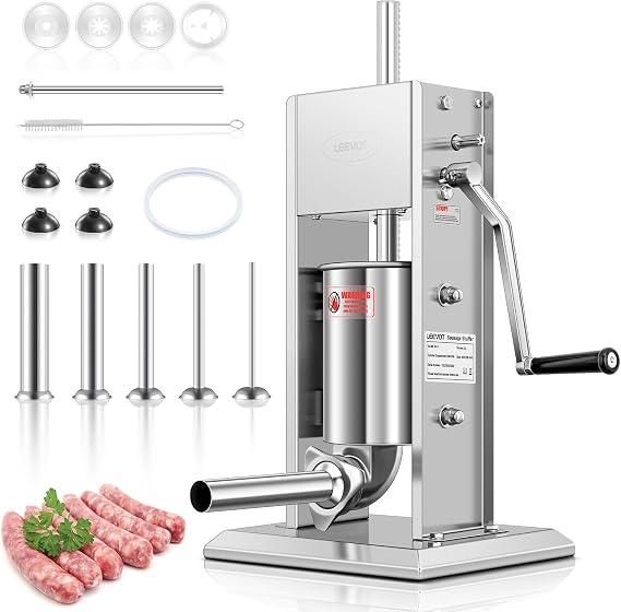 LEEVOT 7LBS/3L Manual Sausage Stuffer, Professional Stainless Steel Sausages Maker & Filler Kit with 2 Speed, 5 Stuffing Tubes, Vertical Meat Stuffers for Home Kitchen, Commercial Use