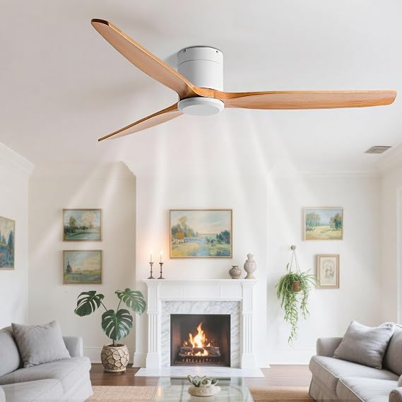 Low Profile 60in Ceiling Fan No Light 6 Speeds Remote Modern Ceiling Fans Flush Mount Wood Blades Ceiling Fan Without Light For Patios Living Room Bedroom Dining Room