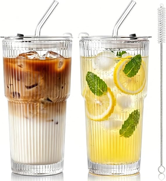 2 Pack Iced Coffee Cups with Lids, 600ml Clear Glass Tumbler with Straw and Lid, Dishwasher Safe & Leak Proof Drinking Glasses Set, Stylish Ribbed Glass Cups for Coffee Juice Tea Matcha Cocktail