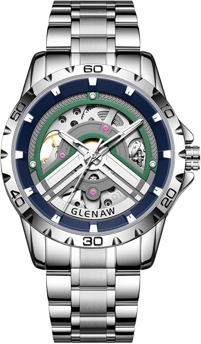 Skeleton Watches for Men, Automatic Mechanical Watch with Luminous Dial, Self Winding Watches Stainless Steel Bracelet