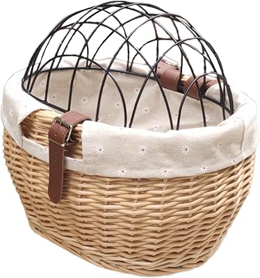 Wicker Bike Basket,for Small Dogs Cats Pet Carrier Front Basket with Wire Mesh Cover