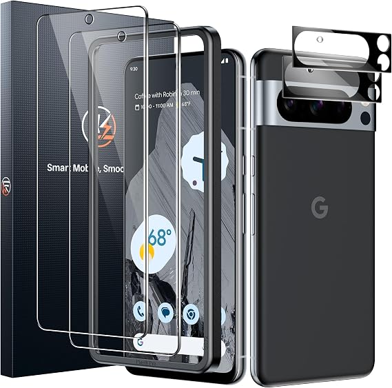 LK 2+2 Pack for Google Pixel 8 Pro Screen Protector+Camera Lens Protector | Fit Lens Cutouts Ports, Support Fingerprint Unlock, Bubble-Free, with Easy Installation Tool