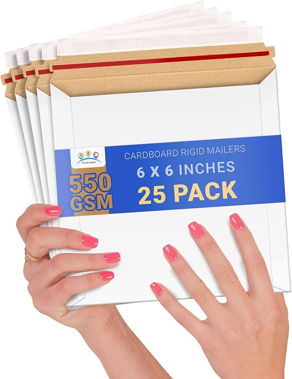 ABC PACK & SUPPLY Rigid Mailers 6 x 6 Inch, White Cardboard Envelopes, Self Seal Tear Strip, 550 GSM Paperboard, Stay Flat Design, Pack of 25