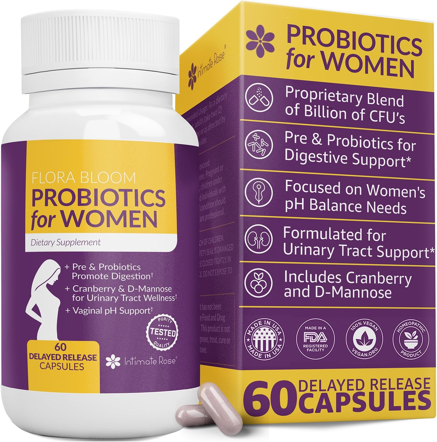 Complete Vaginal Probiotics for Women - wAdded Cranberry, D-mannose to Promote Urinary Tract, Bladder, Gut & Vaginal Health - pH Balance for Women - Support UTI, BV, YI - 60 Vegan Capsules