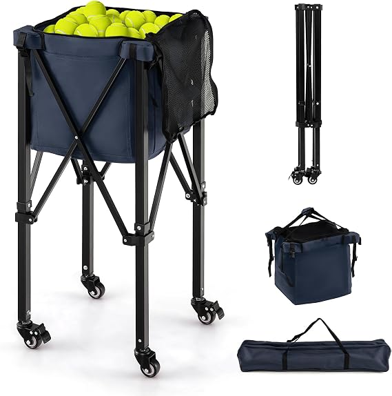 GYMAX Tennis Ball Hopper, Folding 150 Tennis Ball Holder Cart with Carry Bag, Easy Assembly Frame, Removable Bag & 4 Universal Wheels, Portable Durable Tennis Ball Basket for Ball Pickup