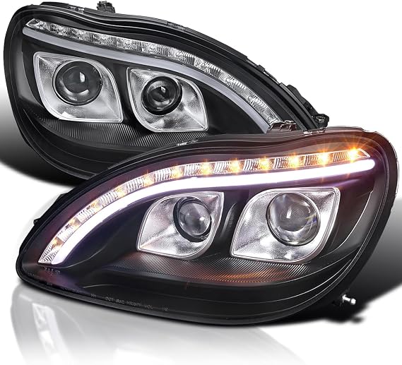 SPEC-D TUNING LED Turn Signal Black Projector Headlights Compatible with 1998-2006 Mercedes-Benz W220 S-Class, Left + Right Pair Headlamps Assembly