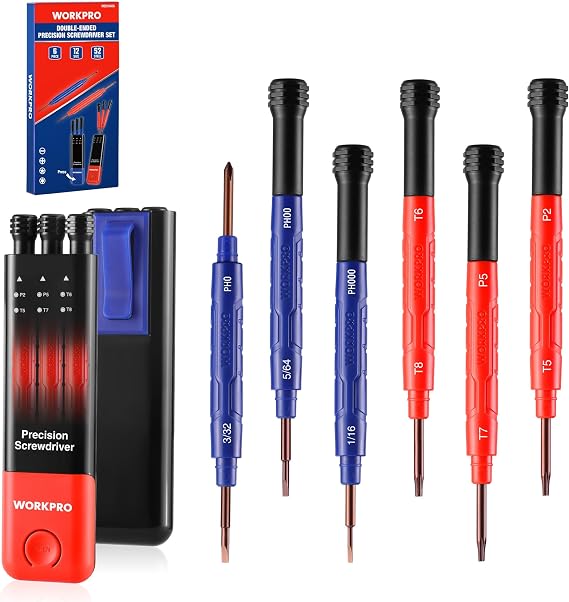 WORKPRO Mini Screwdriver Set 6 Pieces Precision Mechanic Screwdriver Set with Double Bits PH/SL/Torx Made of S2 Steel Watchmaker Precision Screwdriver Set for Watches Glasses Repair and Model