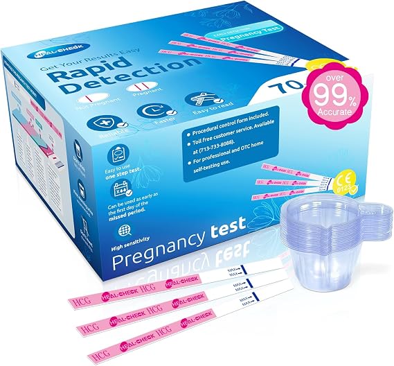 HEAL-CHECK 70 Count Pregnancy Tests with Cups, Bulk Pregnancy Test Strips for Detection at Home, Over 99% Accuracy, Individually Wrapped Fertility Tests, Extra-Wide 5mm HCG Tests, Pruebas De Embarazo