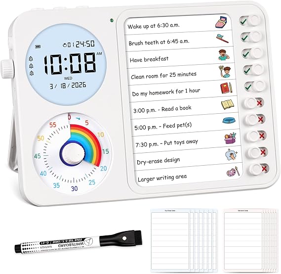 3-in-1 Visual Timer & ADHD Tool for Kids ADHD Task Timer for Adults with Visual Schedule, Chore Chart & Planning Board for Home, School, Classroom, Work (White)