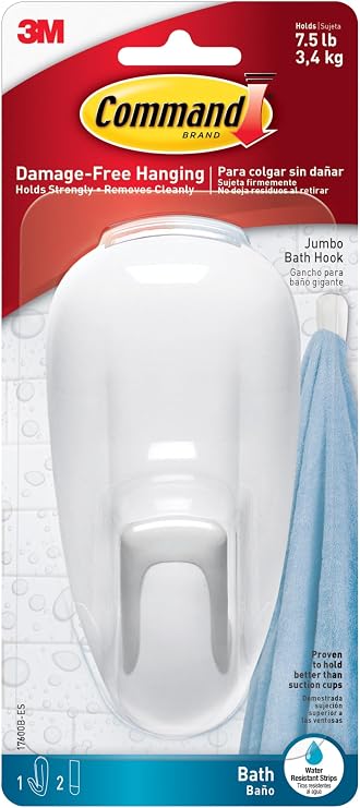 Command Large White Bath Hooks, 1 Hook, 2 Strips