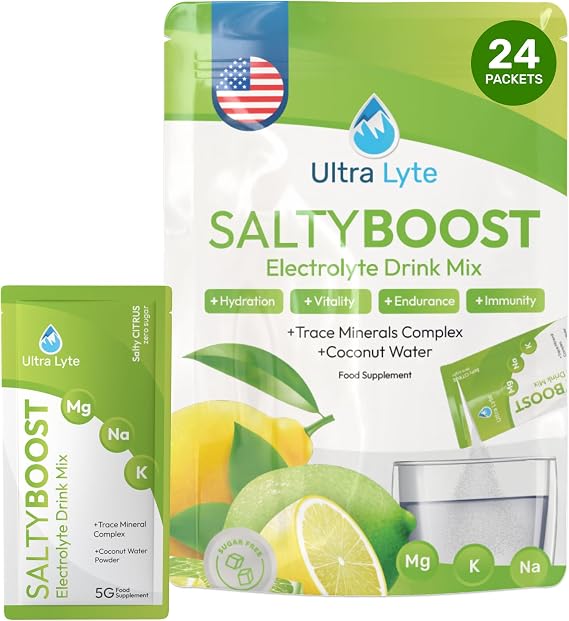 Ultra Lyte Electrolytes Drink Mix Sachets - Sugar-Free Electrolytes Powder with High Sodium, Trace Minerals and Coconut Water - Rehydration for Fitness (24 Sachets, Salty Citrus)