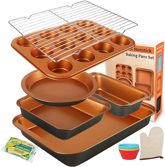 Baking Pans Set 6-Pieces, Non Stick Bakeware Sets for Baker, Golden